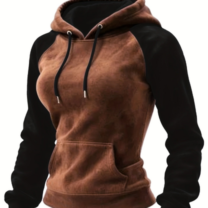 Sweat à Capuche Femme Bicolore Marron et Noir avec Manches Raglan