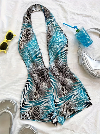 Combinaison short une pièce femme style animalier, décolleté plongeant, tendance été, idéale plage et vacances