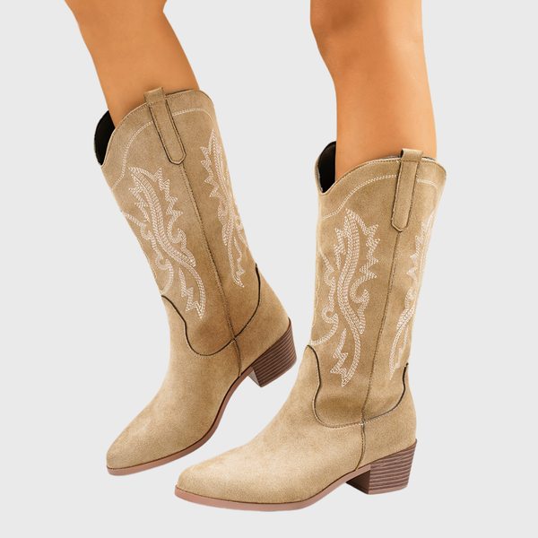 Cowboy-Stiefel für Damen aus Velourslederimitat mit dekorativen Stickereien, spitzer Zehenpartie und kubanischem Absatz