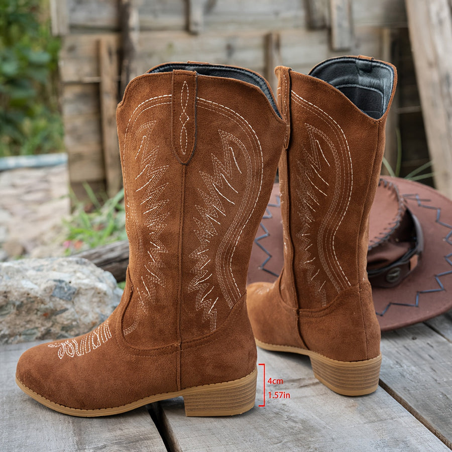 Women's cowboy-style boots, brown with decorative embroidery, mid-calf, pointed toe