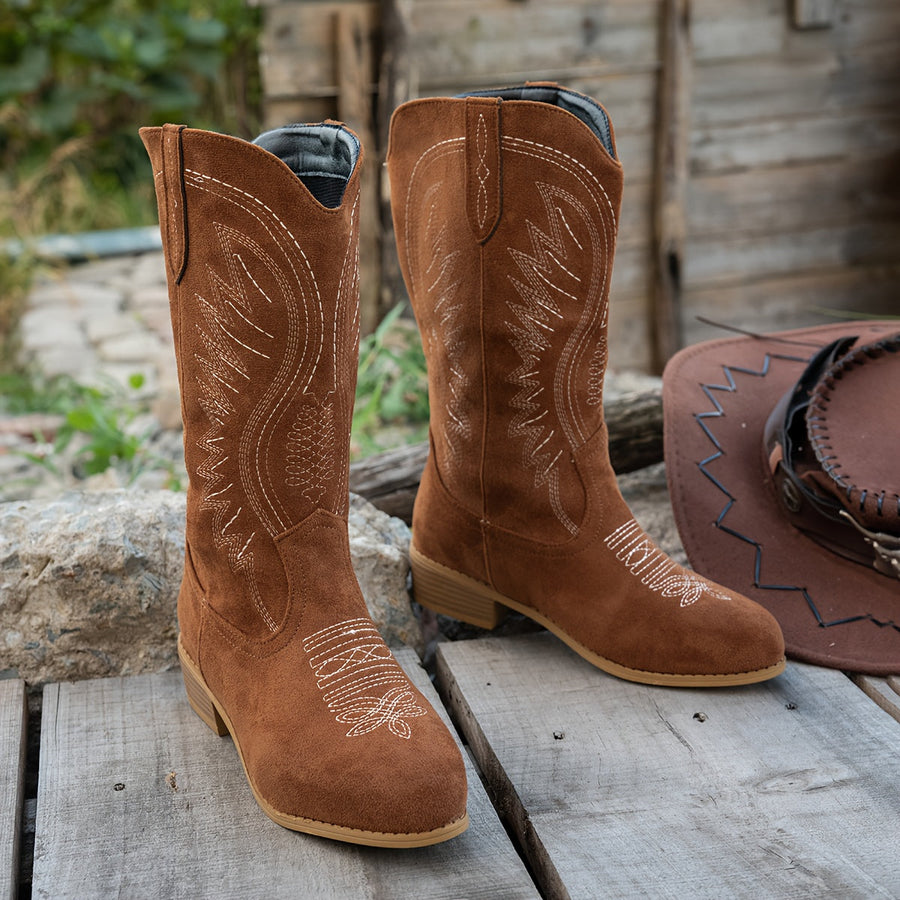 Women's cowboy-style boots, brown with decorative embroidery, mid-calf, pointed toe