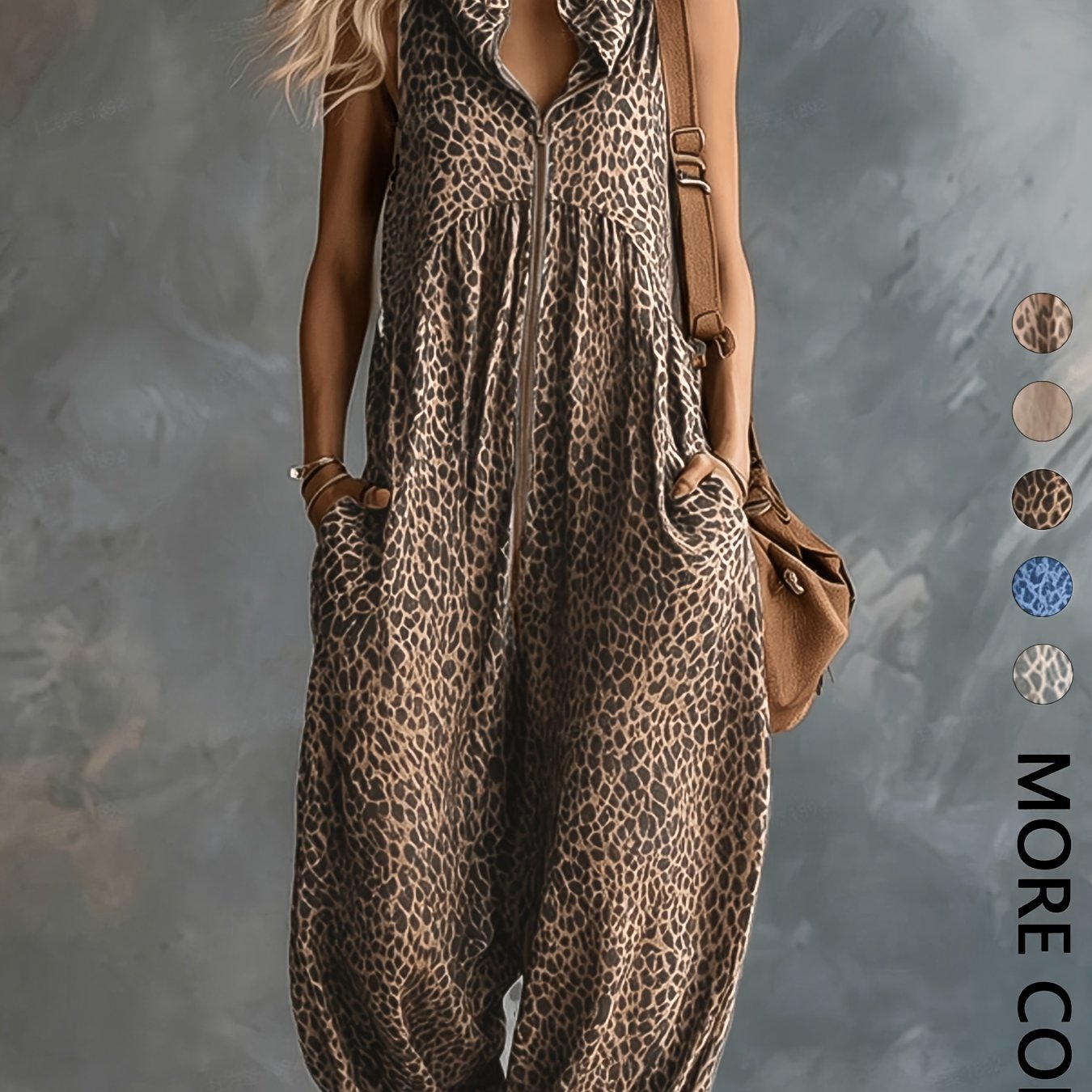 Combinaison pantalon femme motif léopard sans manches avec capuche et poches