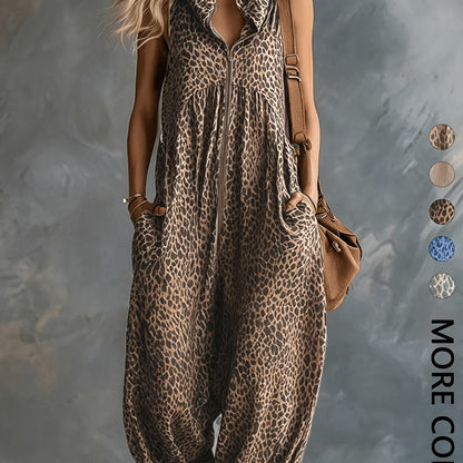 Combinaison pantalon femme motif léopard sans manches avec capuche et poches