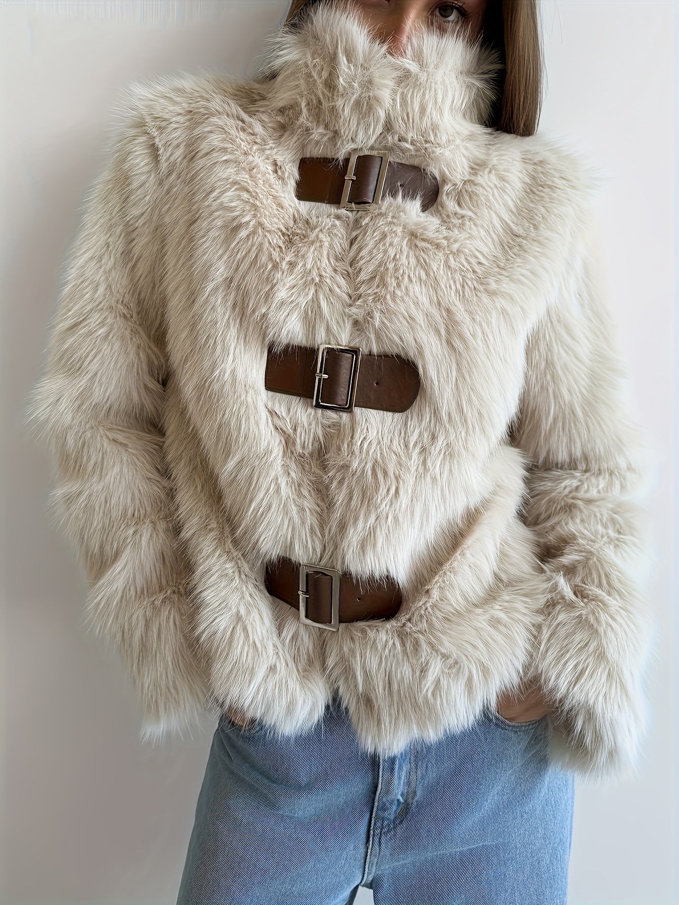 Veste Femme en Fausse Fourrure Beige avec Boucles Décoratives