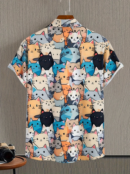 Chemise homme décontractée à manches courtes imprimé chats style ludique
