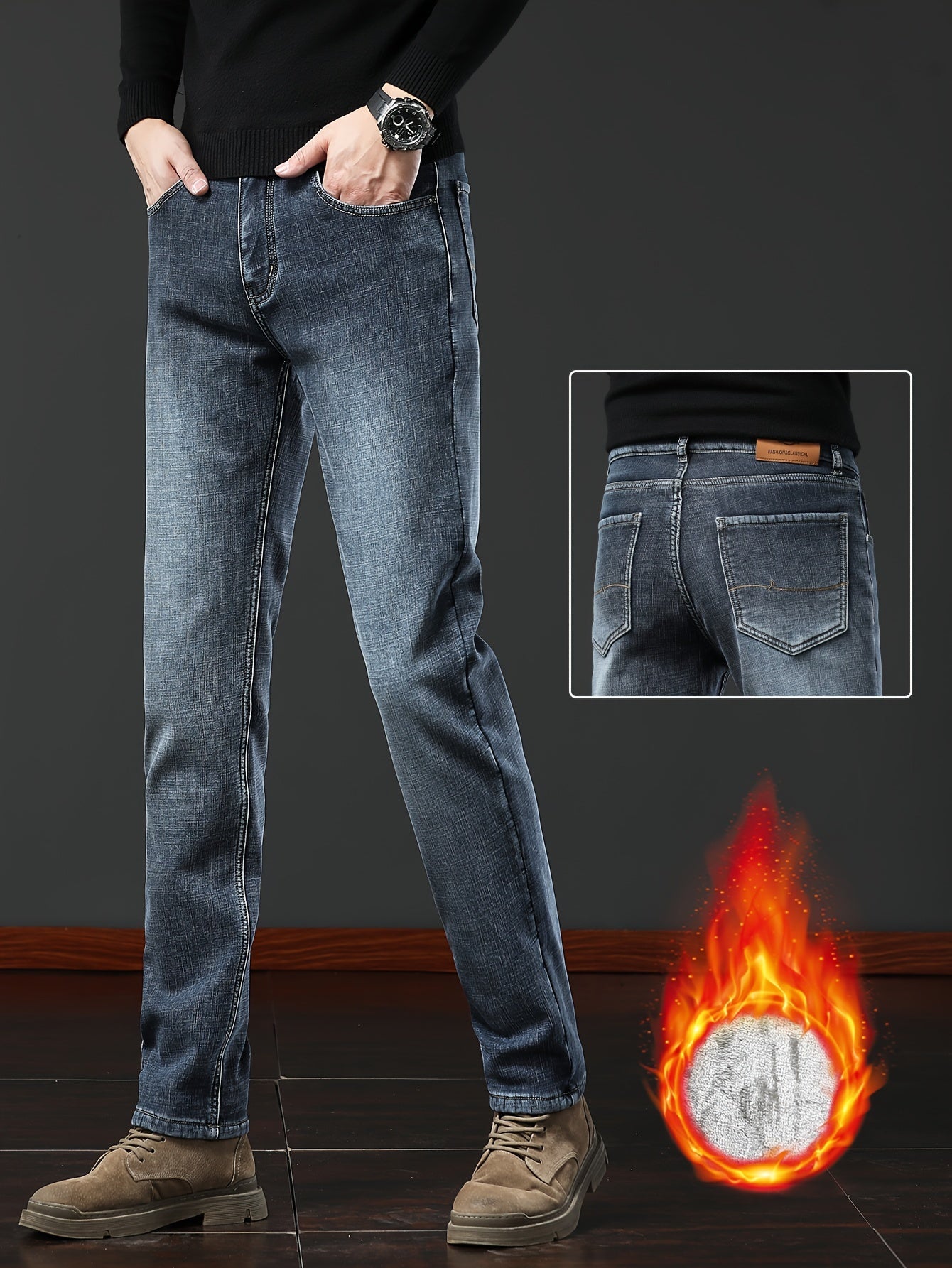 Jean homme doublé polaire coupe droite style décontracté bleu ou gris