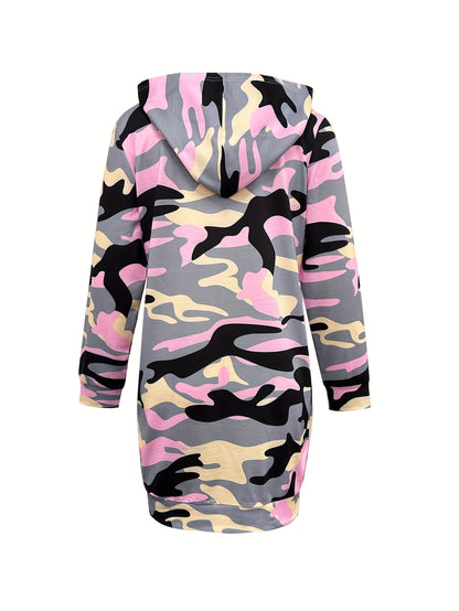 Robe courte sweat à capuche camouflage rose et gris pour femme