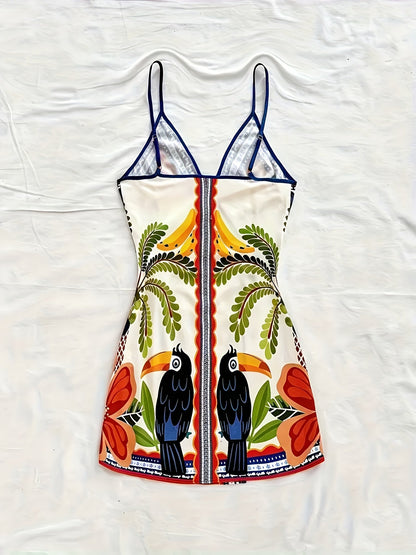 Abito portefeuille tropicale donna stile vacanze con stampa floreale e pappagallo