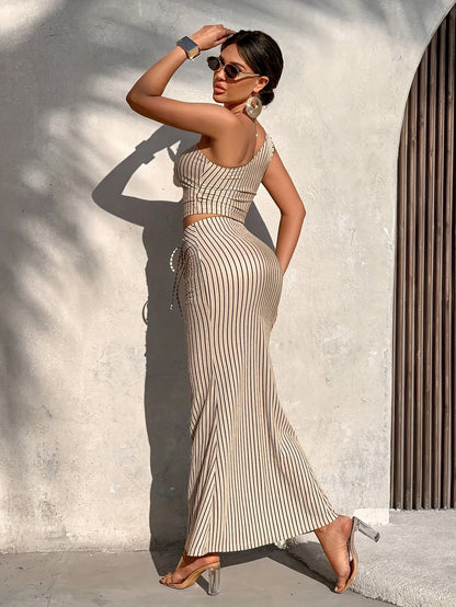 Elegant Women's Striped Chic Style Set for Spring/Summer – Asymmetric Top and Long Skirt