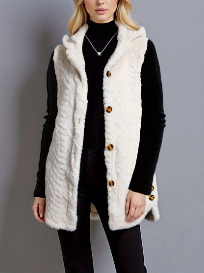 Gilet sans manches à capuche doux texture chevronné couleur crème