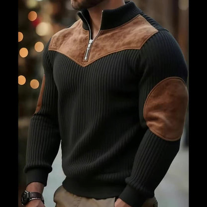 Pull Homme côtelé avec col montant zippé et empiècements suédine