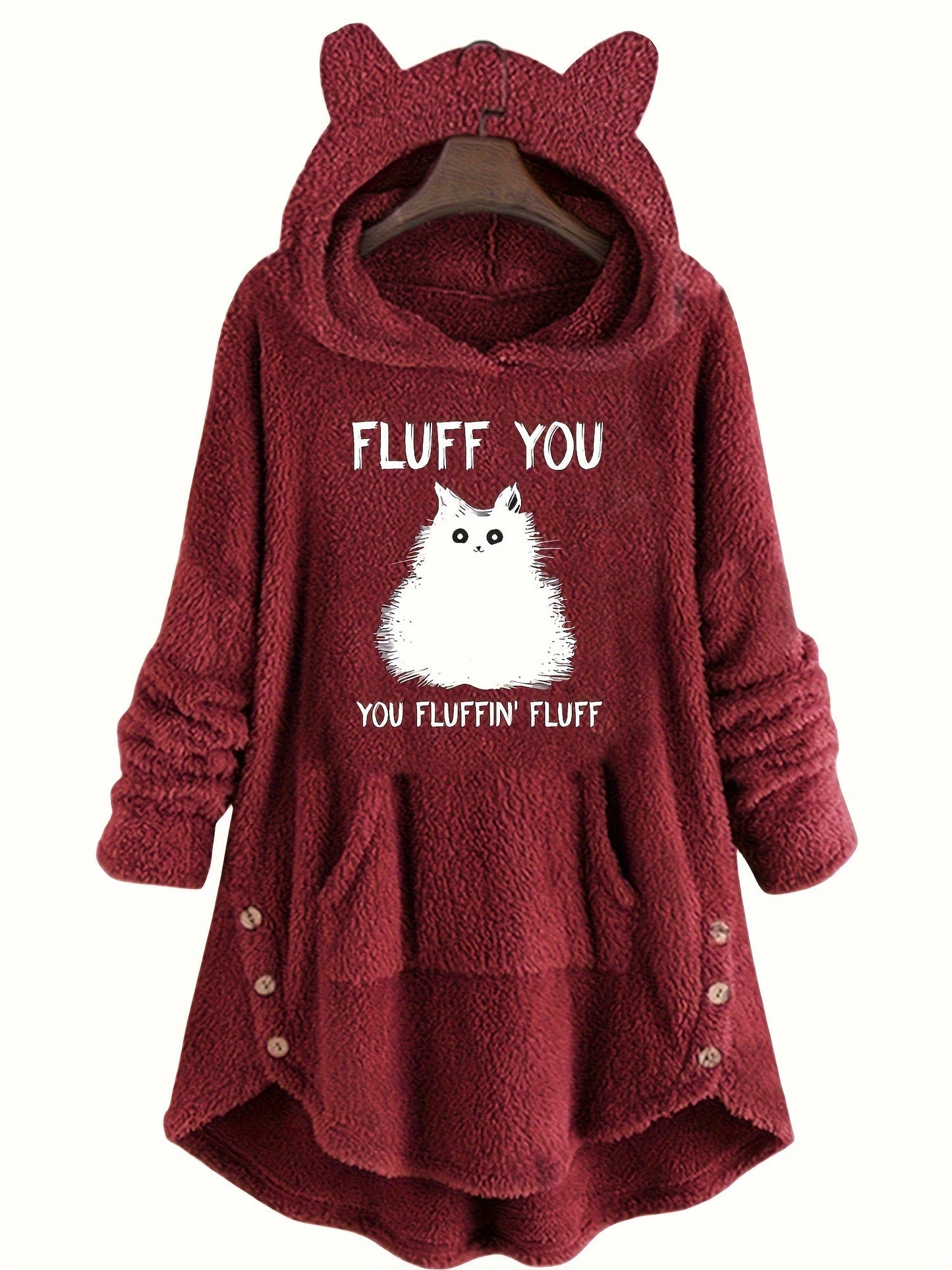 Pull à Capuche Teddy Femme Motif Chat "Fluff You" Rouge Bordeaux avec Oreilles