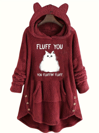 Pull à Capuche Teddy Femme Motif Chat "Fluff You" Rouge Bordeaux avec Oreilles