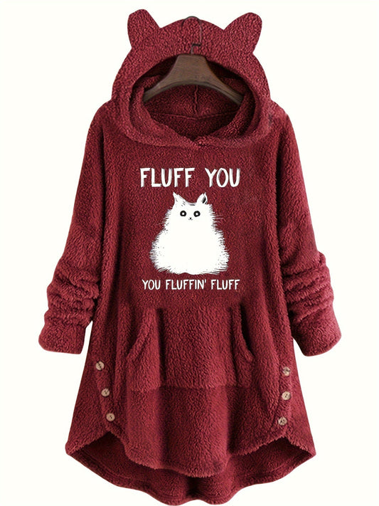 Pull à Capuche Teddy Femme Motif Chat "Fluff You" Rouge Bordeaux avec Oreilles