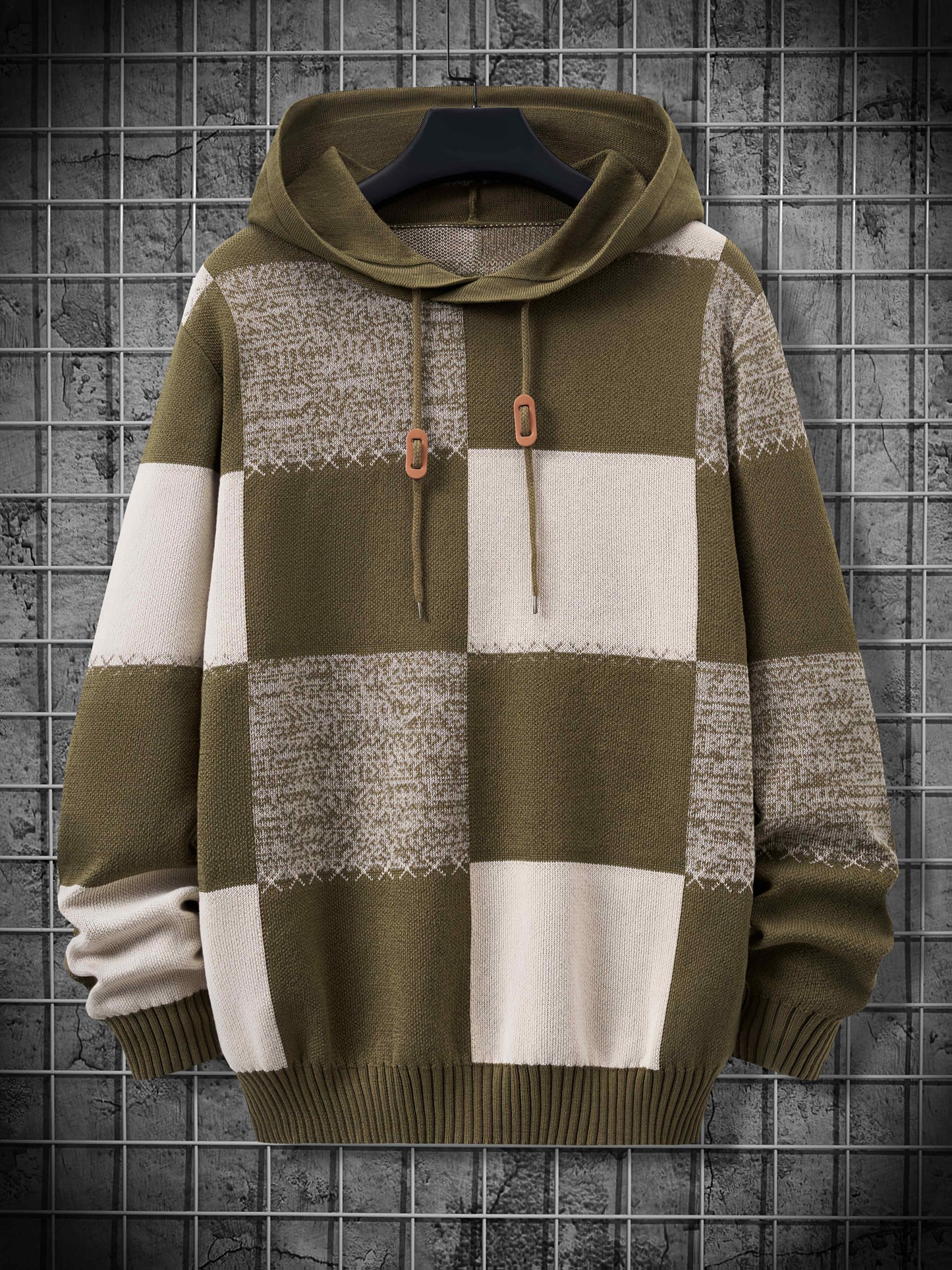 Sweat à Capuche Homme Motif Carreaux Bicolore Maille Décontracté