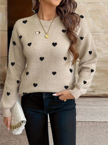 Pull Femme Col Rond en Maille Coeurs Beige Noir