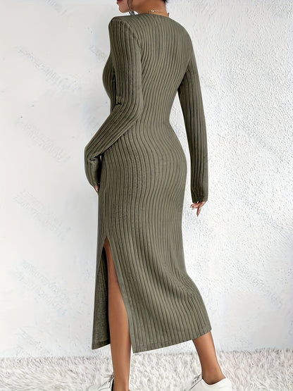 Robe longue côtelée femme manches longues col rond fente latérale beige