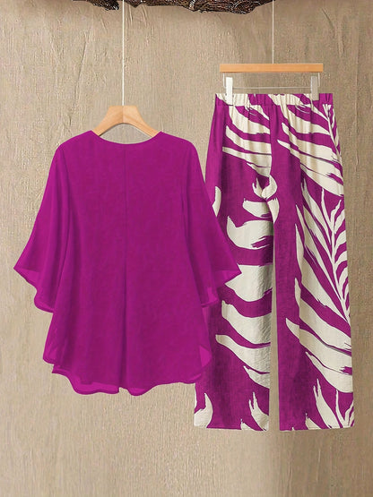 Ensemble Femme Élégant Décontracté Deux Pièces – Haut Fluide et Pantalon Imprimé Feuilles, Style Vacances Chic