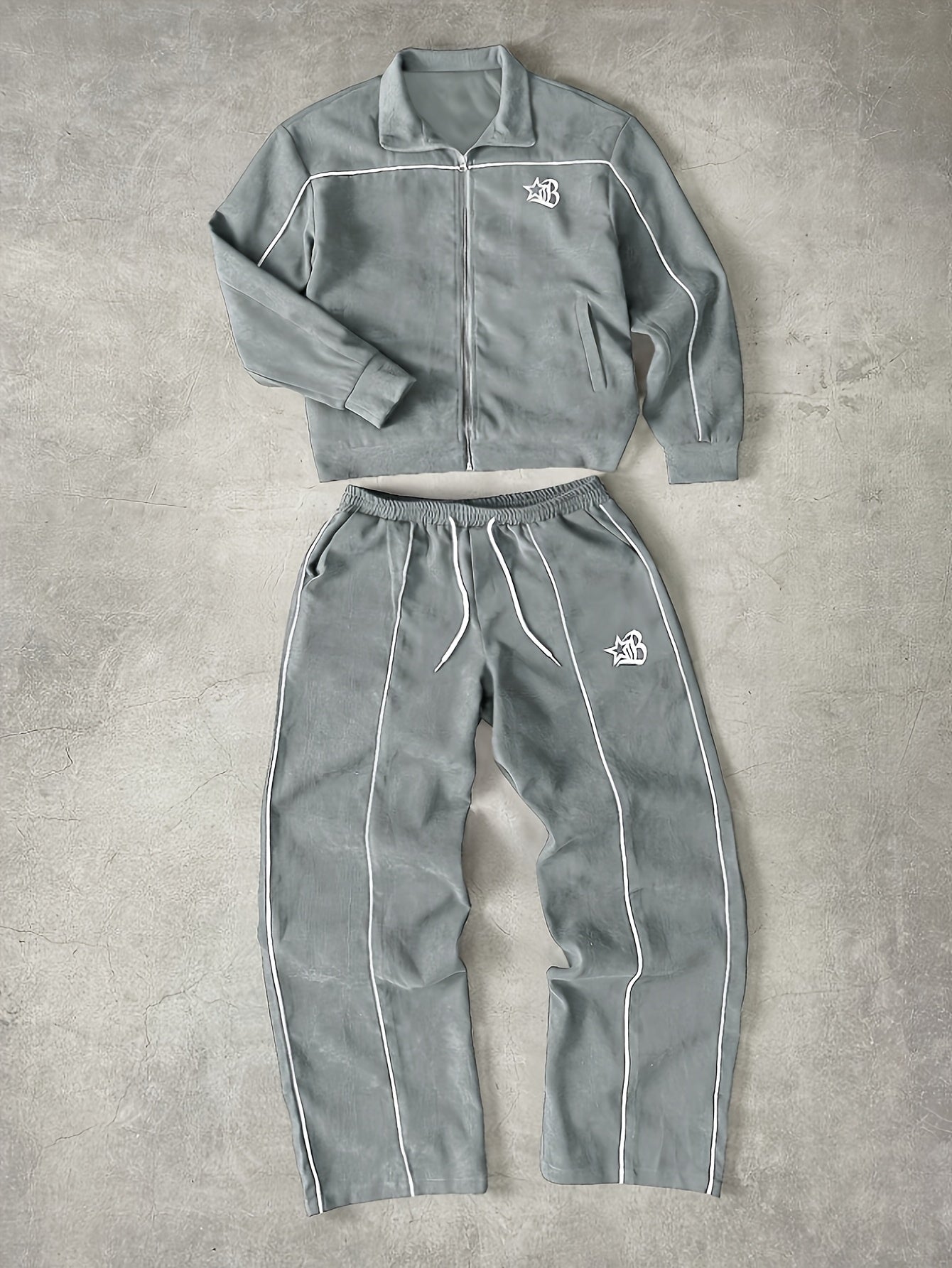 Ensemble de Survetement Homme Zip Complet à Rayures Contrastantes et Emblème Brodé