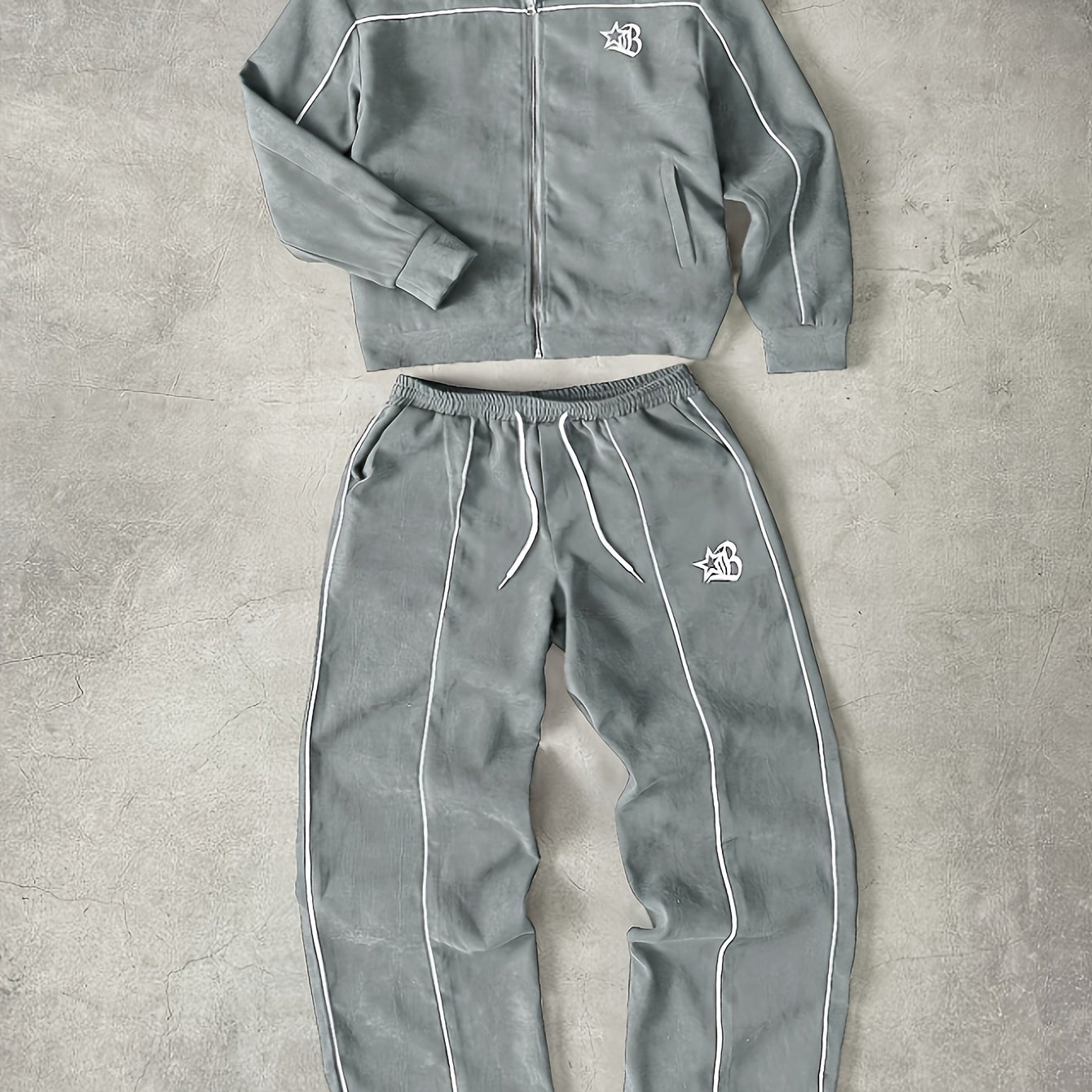 Ensemble de Survetement Homme Zip Complet à Rayures Contrastantes et Emblème Brodé