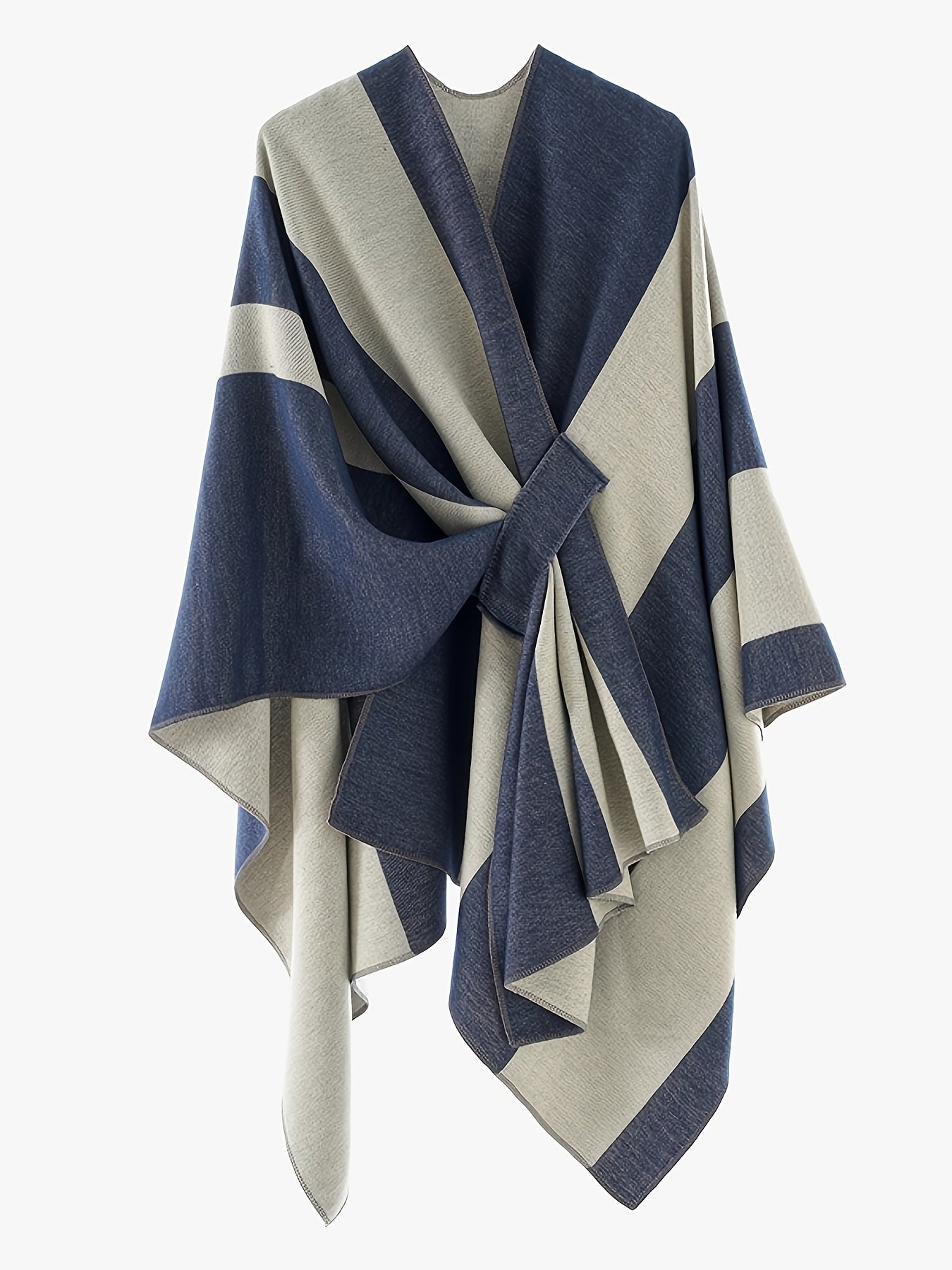 Poncho Cape Femme Rayé Bicolore avec Nœud Décoratif Doux