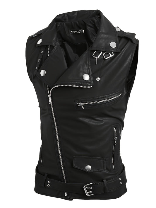 Gilet de style motard en similicuir sans manches avec fermeture éclair asymétrique
