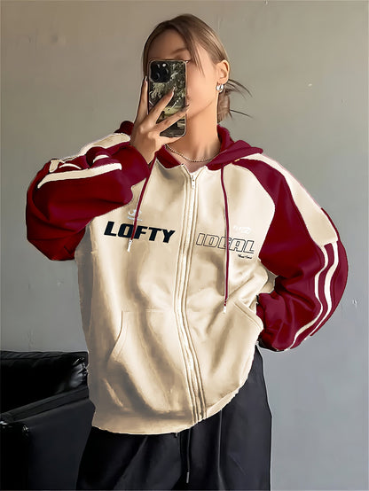 Sweat à Capuche Zippé Bicolore Rouge Bordeaux Crème avec Rayures Sportif