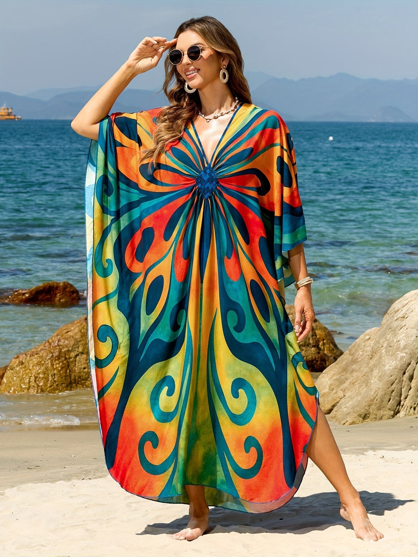 Lang caftan til kvinder i boheme-stil til strand og ferie