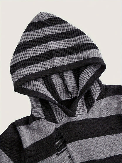 Haut court à capuche rayé noir et gris manches évasées