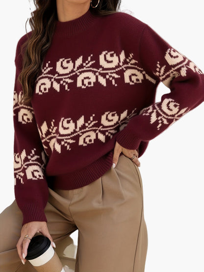 Elegante gebloemde jacquard trui voor dames, herfst-winter stijl, lange mouwen