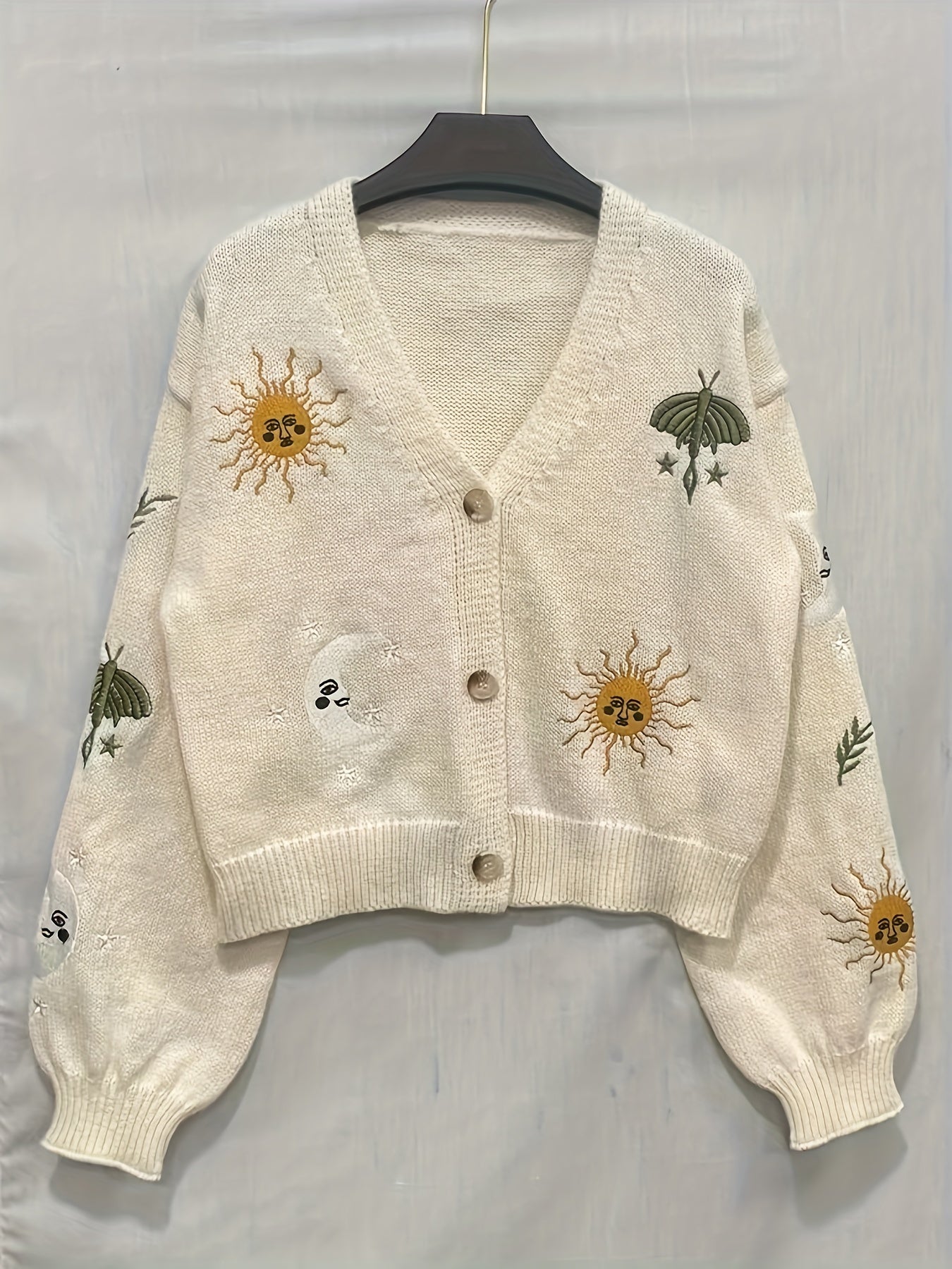 Cardigan court en maille pour femme, col en V, manches longues, motifs soleil et lune brodés