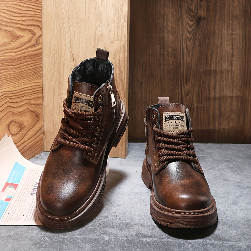 Bottes montantes homme marron foncé lacets, fermeture éclair latérale, semelle épaisse