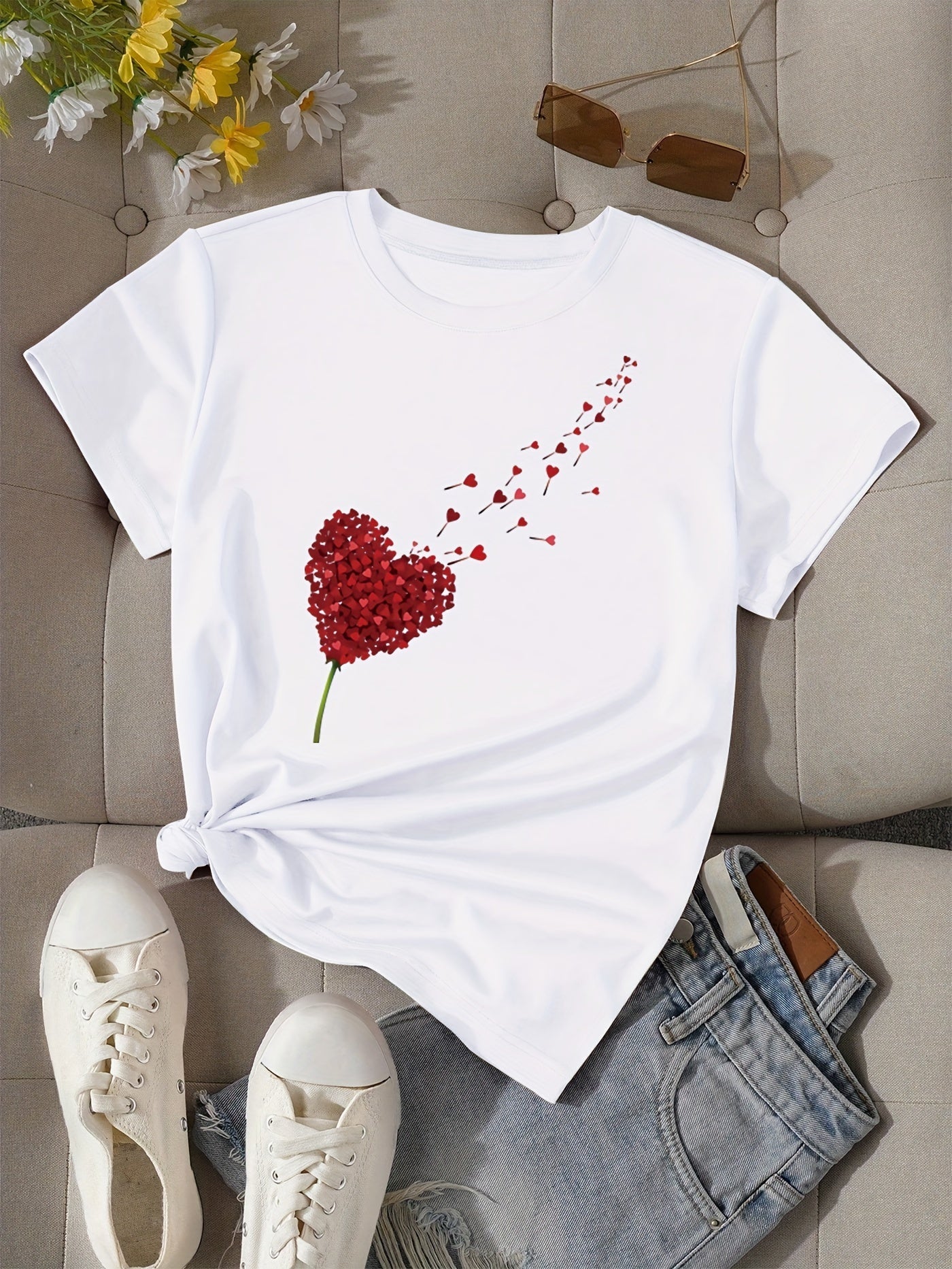 T-shirt Femme Style Décontracté Imprimé Cœur Volant pour Look Estival et Moderne
