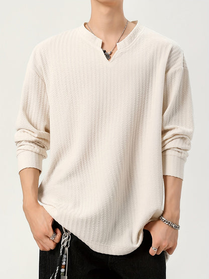 T-shirt Homme Manches Longues Texture Texturée Col V Doux Couleur Unie