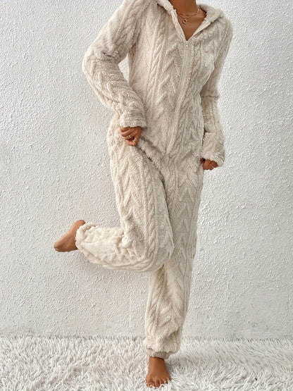 Grenouillère Femme Douce Motif Géométrique Ours Beige à Capuche avec Fermeture Éclair
