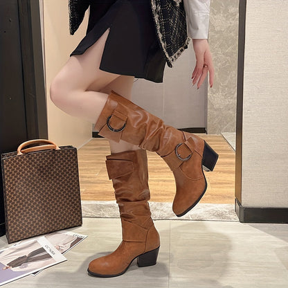 Bottes Femme Plissées Noires à Boucles et Talon Carré