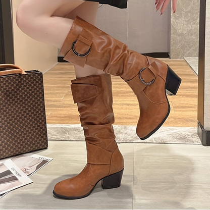 Bottes Femme Plissées Noires à Boucles et Talon Carré