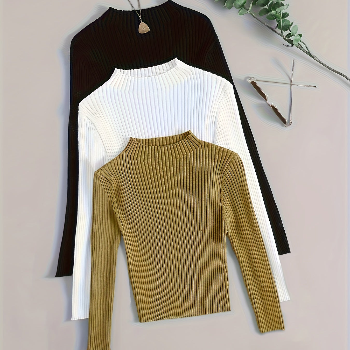 Pull côtelé à col montant pour femme, manches longues