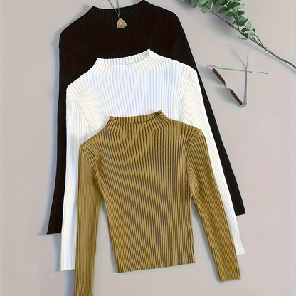Pull côtelé à col montant pour femme, manches longues