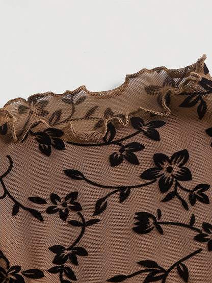 Top donna stile elegante con stampa floreale trasparente e collo alto