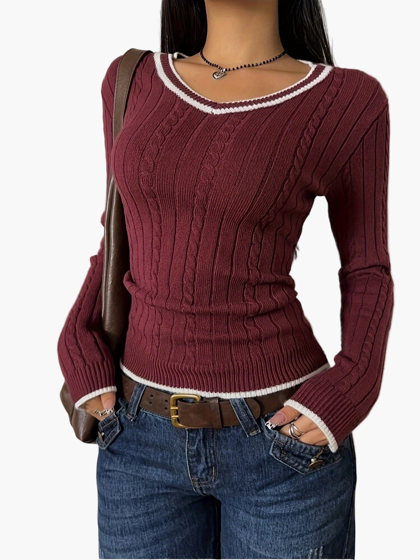 Damtröja med V-ringning och ribbad effekt i casual chic stil
