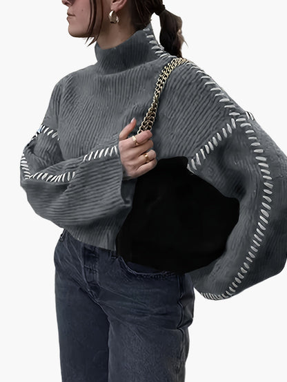 Sweter damski w stylu casual z golfem, szerokimi rękawami i modnymi detalami szwalniczymi na jesień i zimę