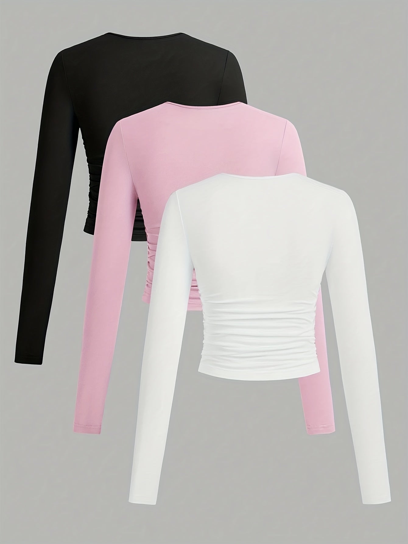 Lot de 3 Crop Tops Femme Manches Longues Col Rond Froncé