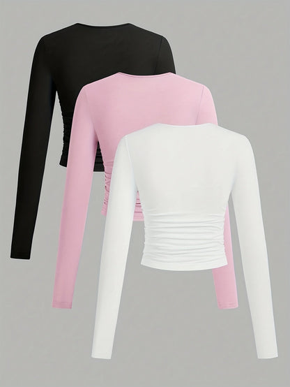 Lot de 3 Crop Tops Femme Manches Longues Col Rond Froncé