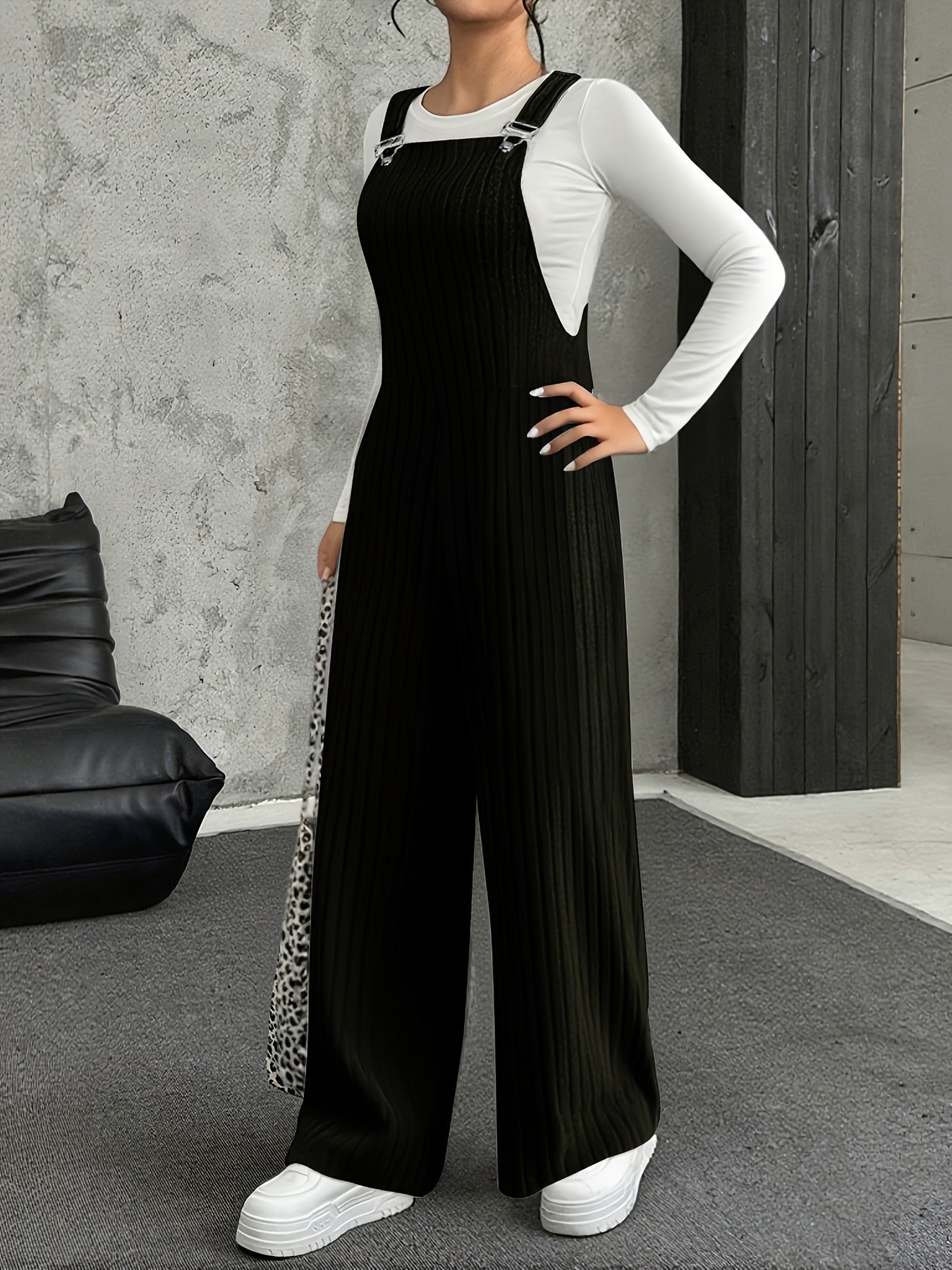 Salopette Femme ample côtelée gris clair à bretelles avec boucle
