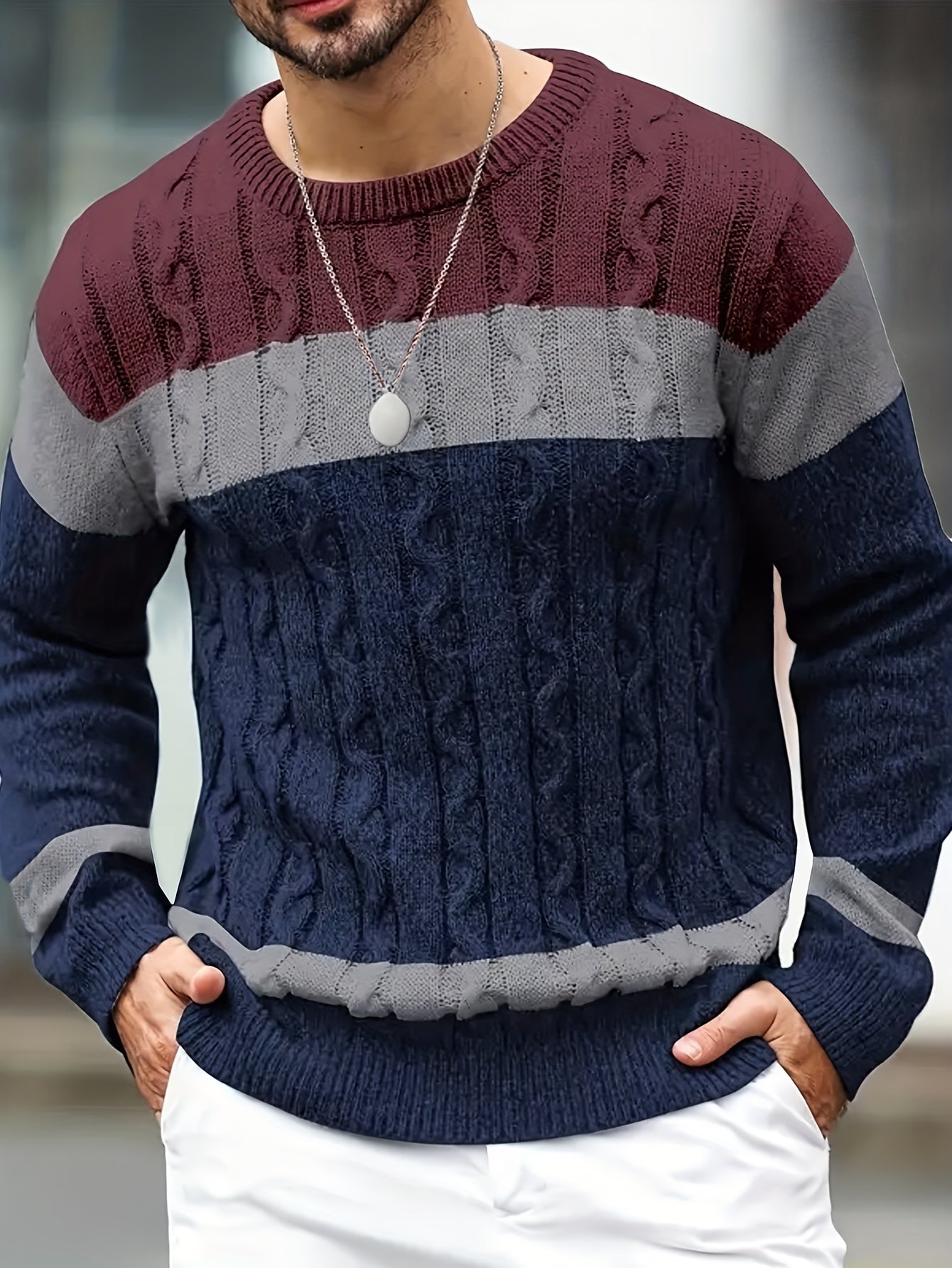Pull homme col rond tricot torsadé à rayures contrastées