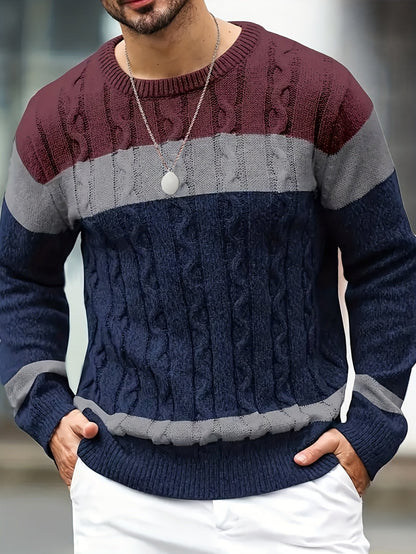 Pull homme col rond tricot torsadé à rayures contrastées
