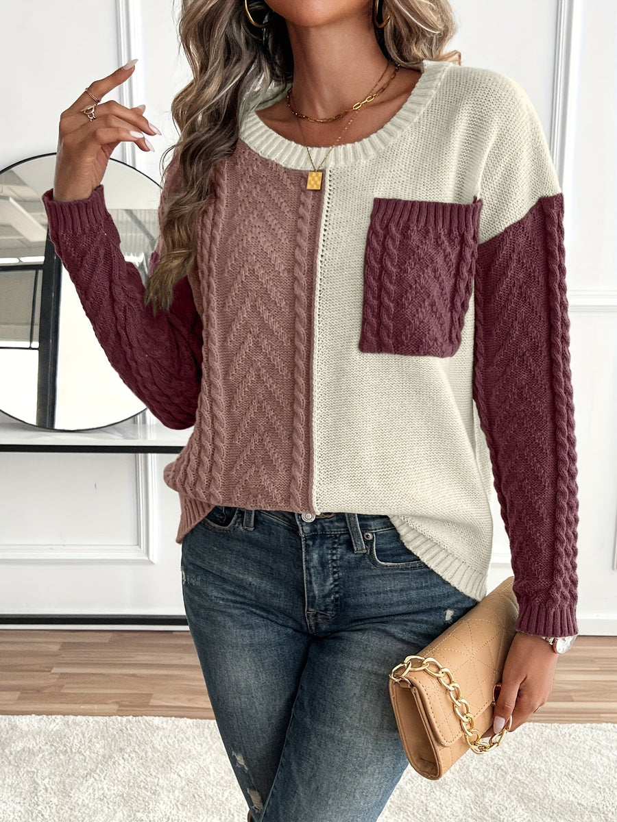 Pull Femme Maille Torsadée Bicolore Crème Vert avec Poche Plaquée