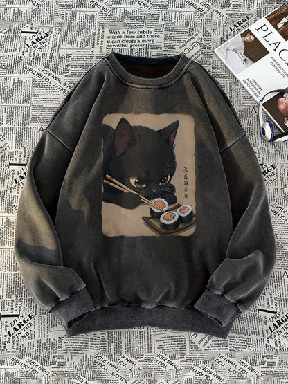 Sweatshirt unisexe gris charbon délavé avec motif chat mangeant des sushis