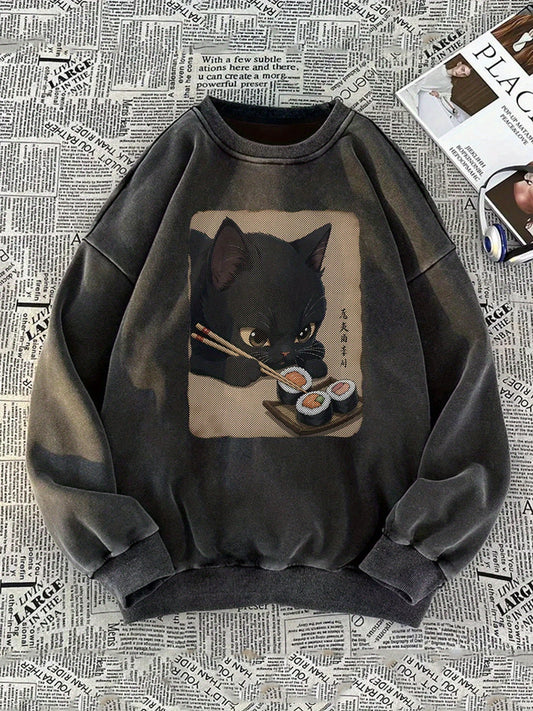 Sweatshirt unisexe gris charbon délavé avec motif chat mangeant des sushis